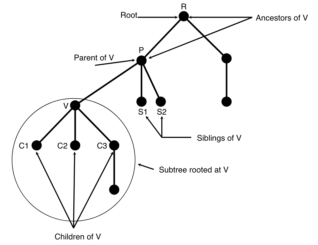 Figure 8.6: Notation for general trees. Node P is the parent of nodes V, S1, and S2. Thus, V, S1, and S2 are children of P. Nodes R and P are ancestors of V. Nodes V, S1, and S2 are called siblings. The oval surrounds the subtree having V as its root.